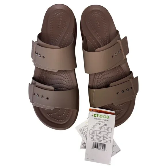 Crocs Brooklyn Buckle Wedges Latte Lightweight Comfort Sandals Size 9 New - Picture 6 of 11